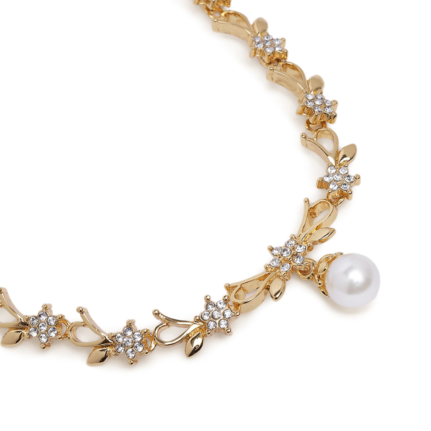 Estele Gold Plated Elegant Blossom Designer Necklace Set with White Crystals & Pearl for Women