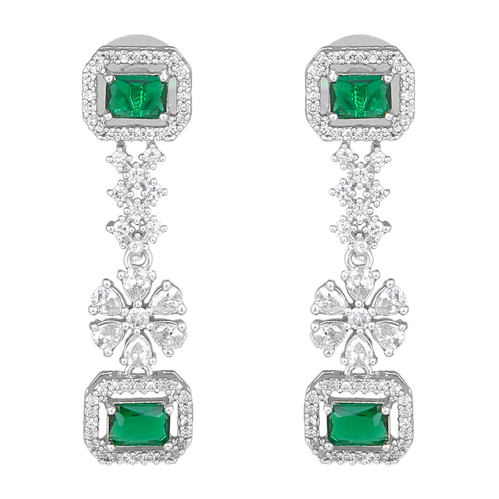 Estele Rhodium Plated CZ Dazzling Double Layered Designer Necklace Set with Green & White Crystals for Women