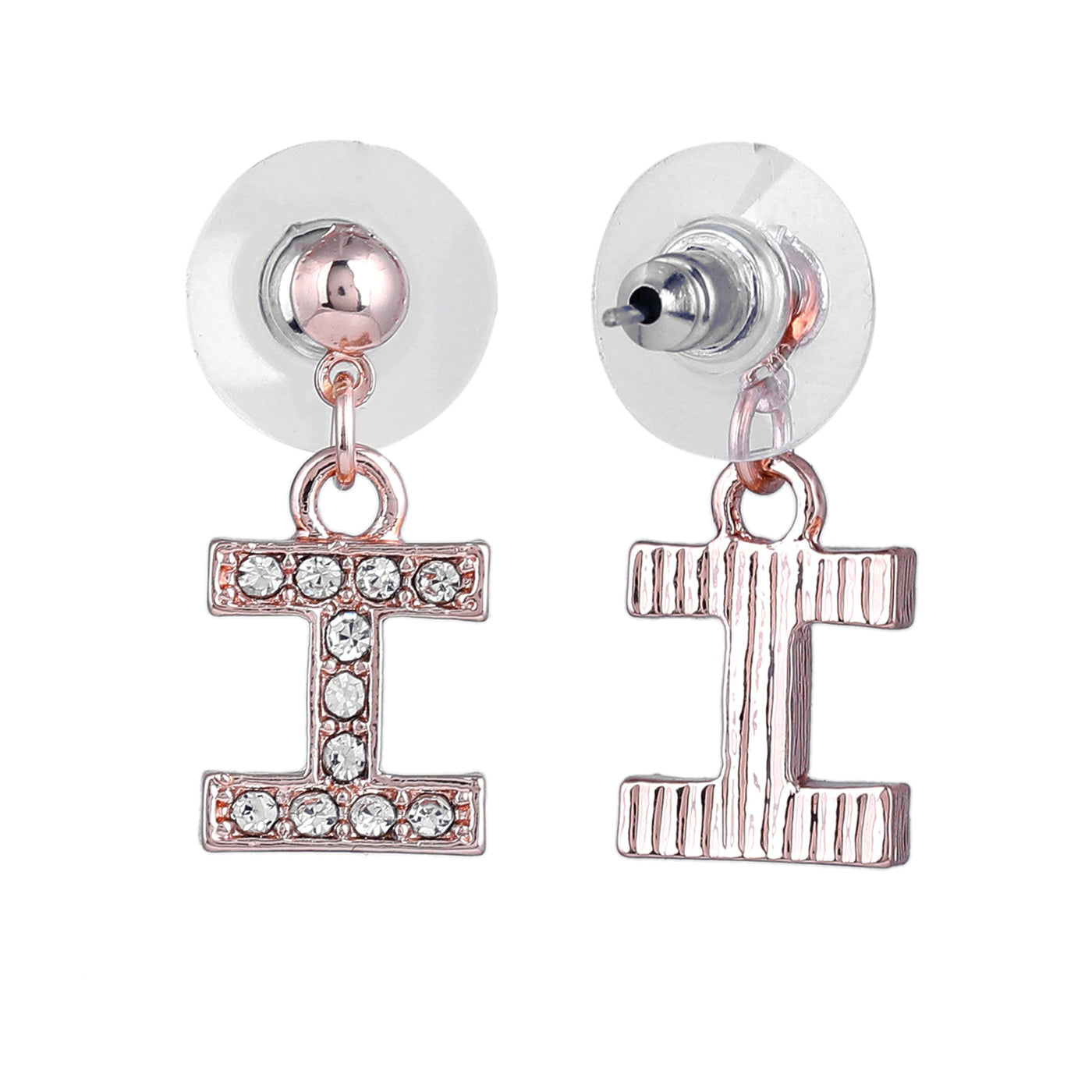 Estele Rose Gold Plated Magnificent Medium 'I' Letter Earrings with Crystals for Women