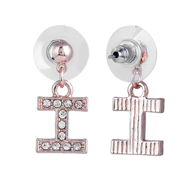 Estele Rose Gold Plated Magnificent Medium 'I' Letter Earrings with Crystals for Women