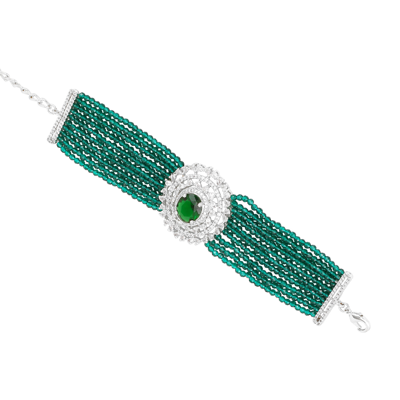 Estele Rhodium Plated CZ Sparkling Multi-Layered Bracelet with Emerald Beads for Women