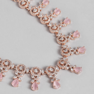 Estele Rose Gold Plated CZ Circular Designer Necklace Set with Mint Pink Crystals for Women