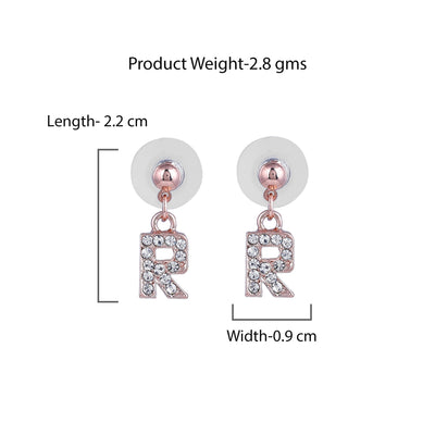 Estele Rose Gold Plated Magnificent Medium 'R' Letter Earrings with Crystals for Women