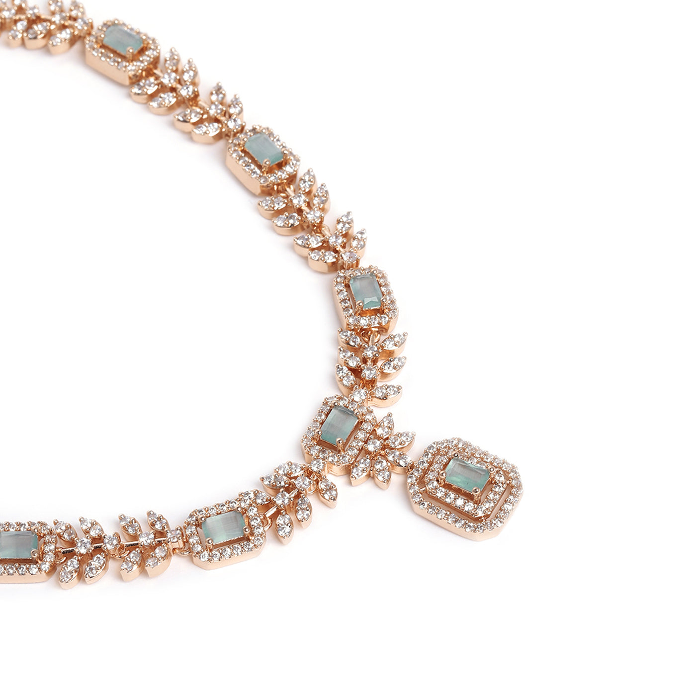 Estele Rose Gold Plated CZ Classic Designer Necklae Set with Mint Green Stones for Women