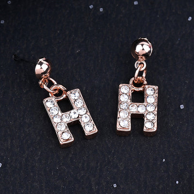 Estele Rose Gold Plated Magnificent Medium 'H' Letter Earrings with Crystals for Women