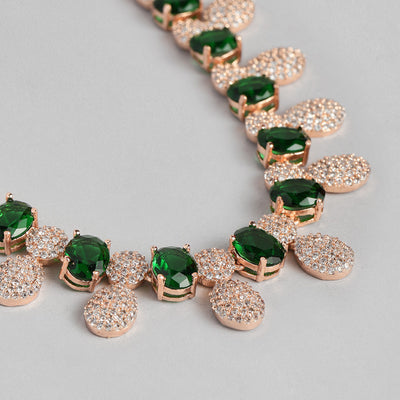 Estele Rose Gold Plated CZ Circular Designer Necklace Set with Green Stones for Women