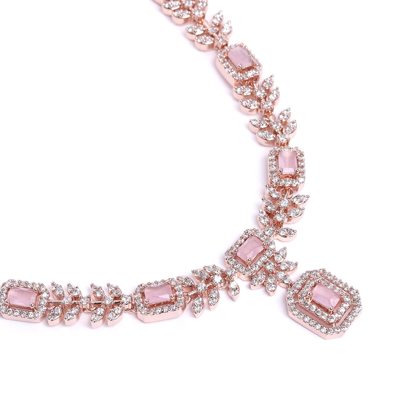 Estele Rose Gold Plated CZ Classic Designer Necklace Set with Mint Pink Stones for Women