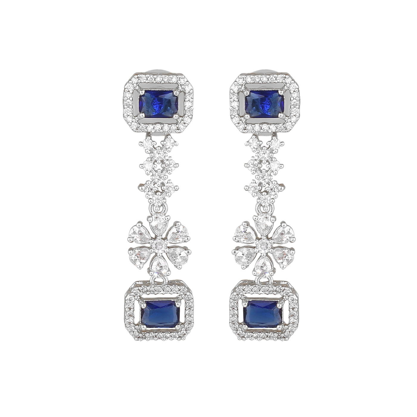 Estele Rhodium Plated CZ Astonishing Double Layered Necklace Set with Blue Stones for Women