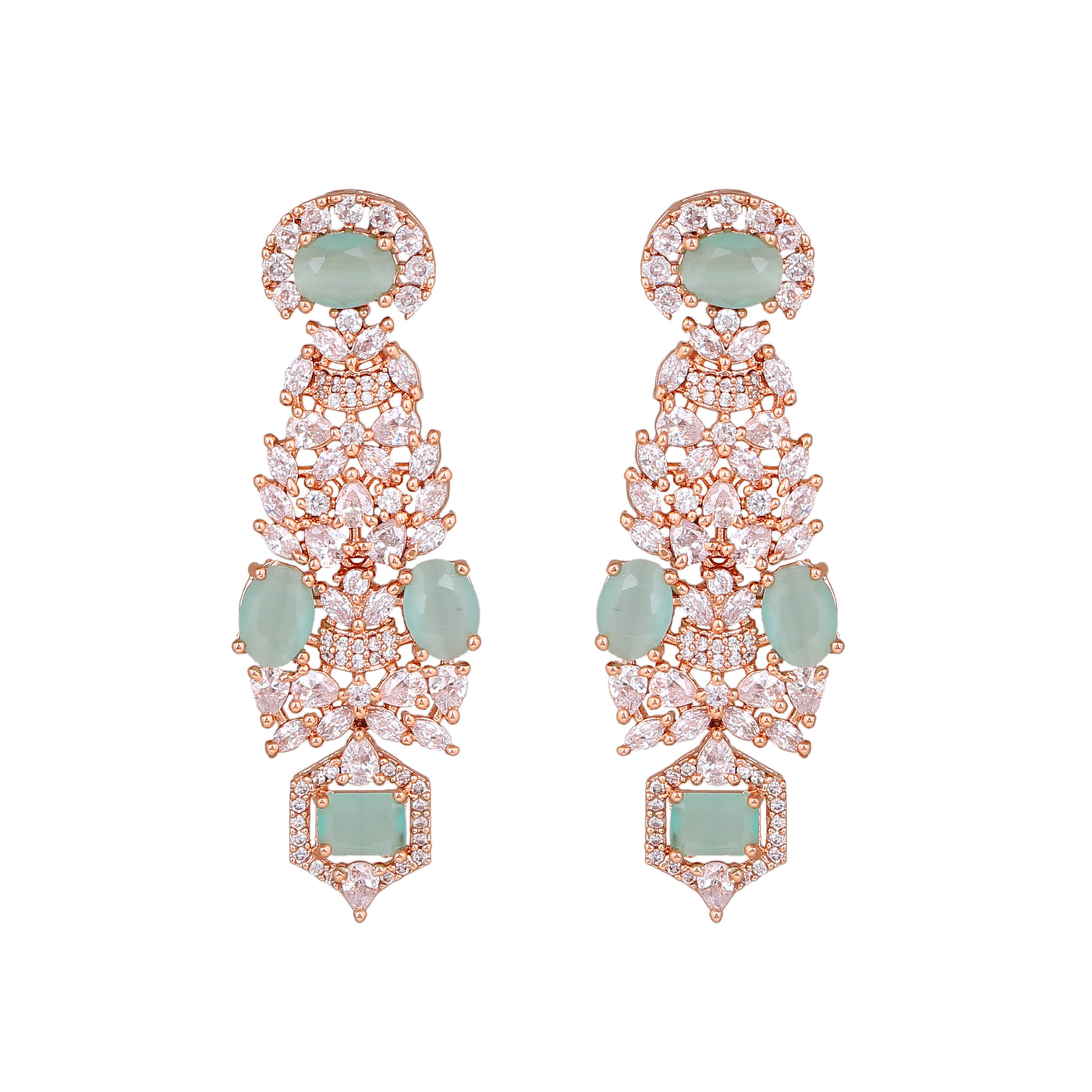 Estele Rose Gold Plated CZ Astonishing Necklace Set with Mint Green Stones for Women