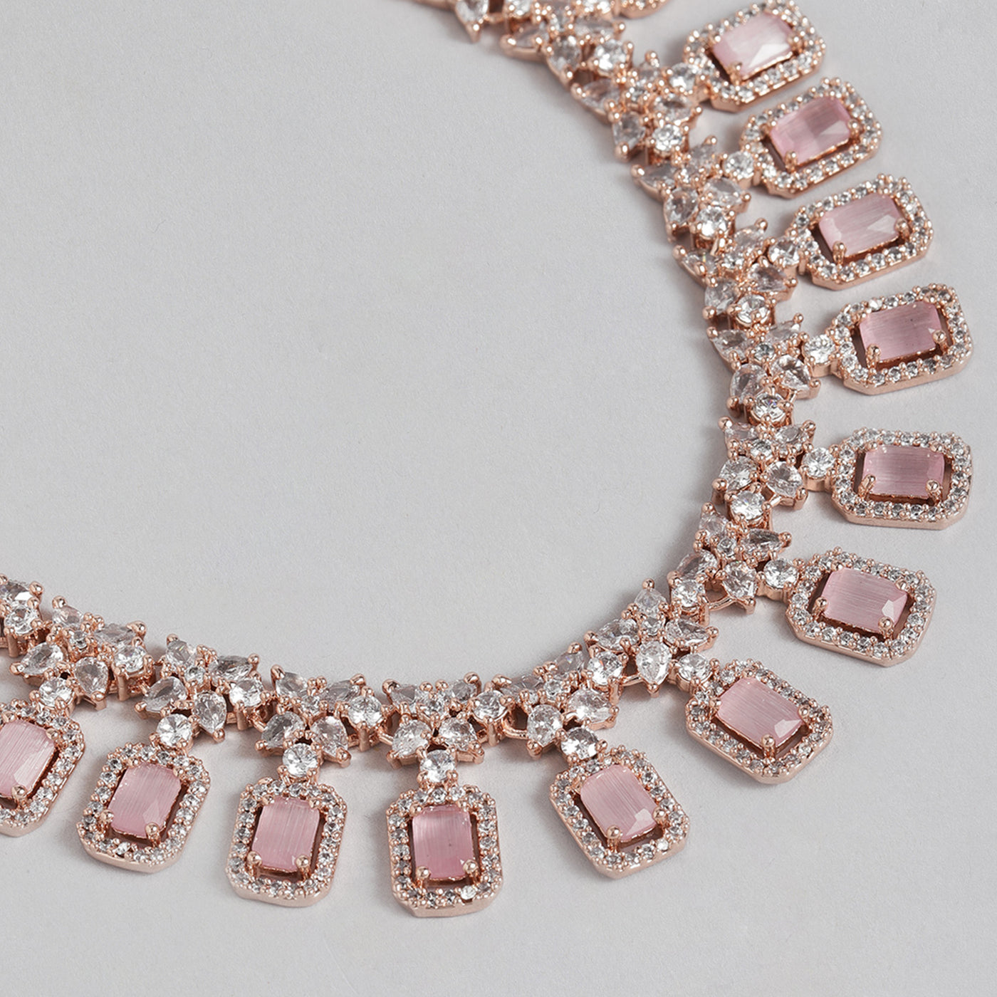 Estele Rose Gold Plated CZ Fascinating Necklace Set with Mint Pink Crystals for Women