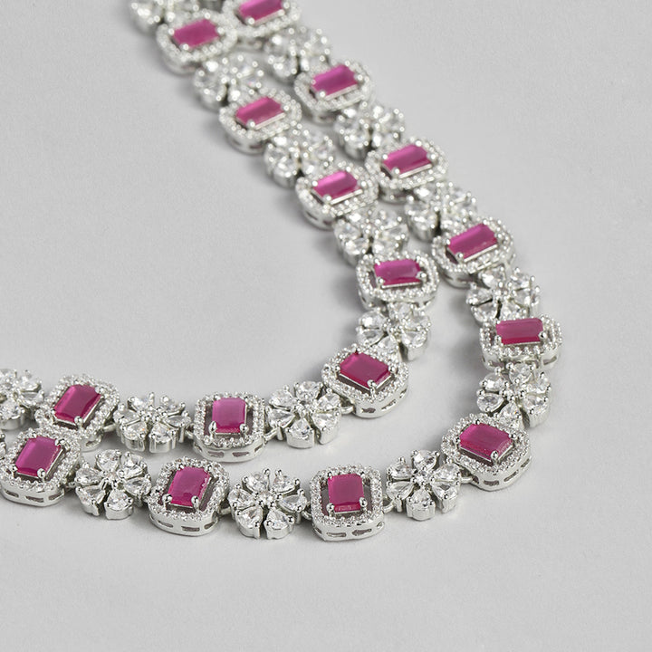 Estele Rhodium Plated CZ Captivating Double Layered Necklace Set with Ruby & White Crystals for Women