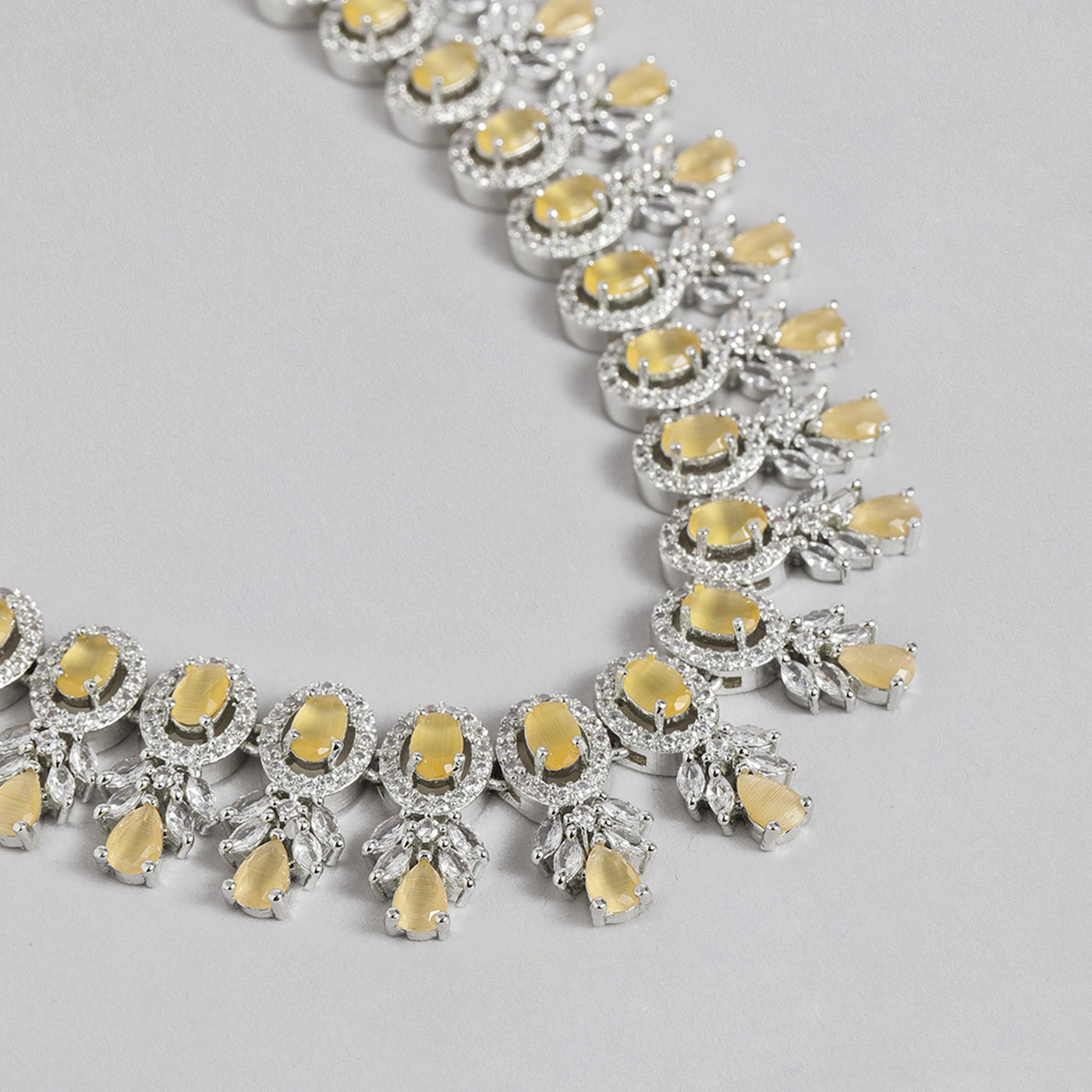 Estele Rhodium Plated CZ Exquisite Necklace Set with Mint Yellow Stones for Women