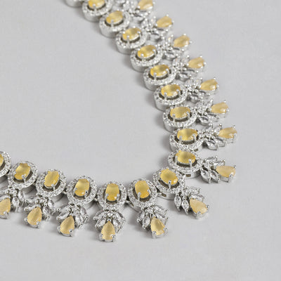 Estele Rhodium Plated CZ Exquisite Necklace Set with Mint Yellow Stones for Women