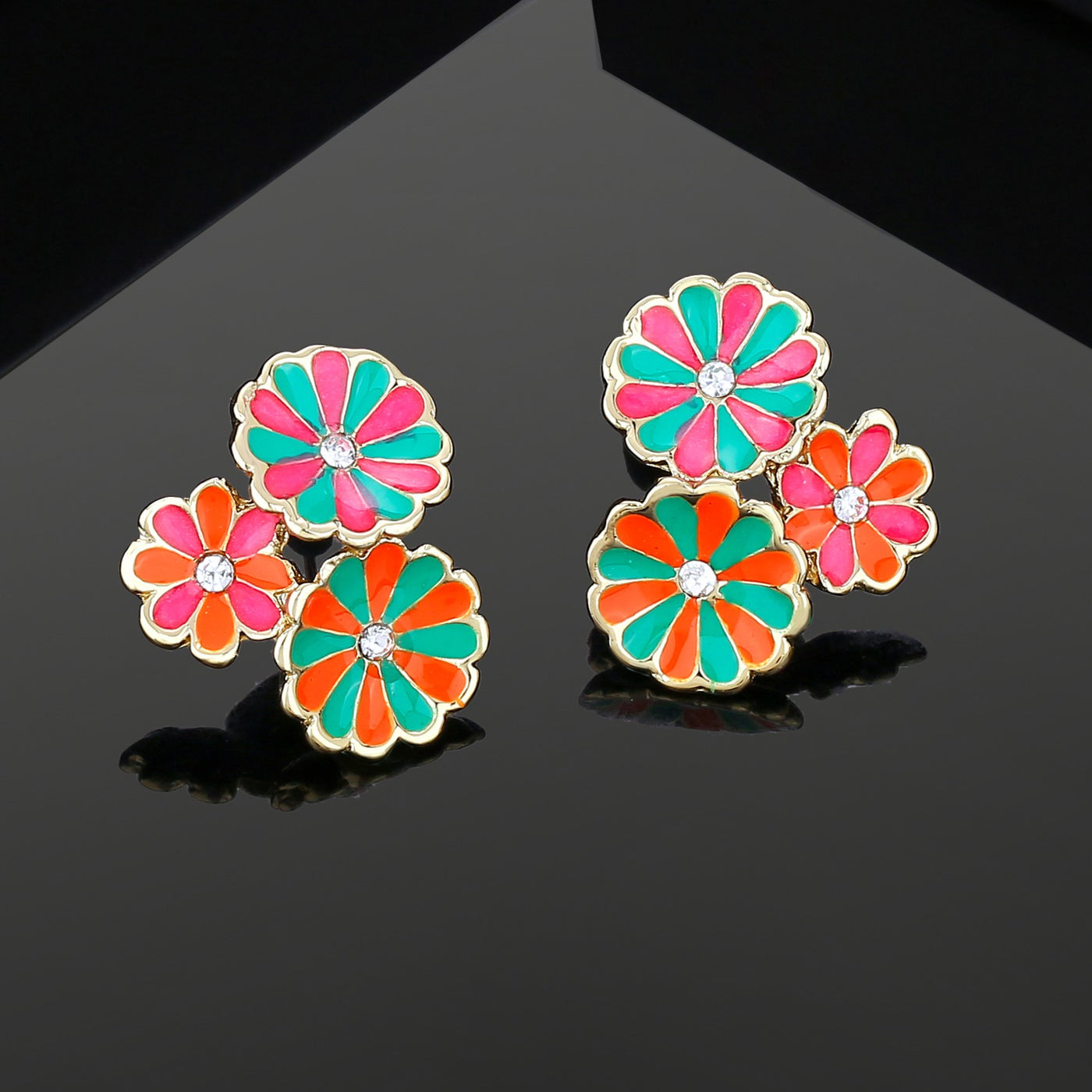 Estele Gold Plated Flower Designer Stud Earrings with Multi color Enamel for Women