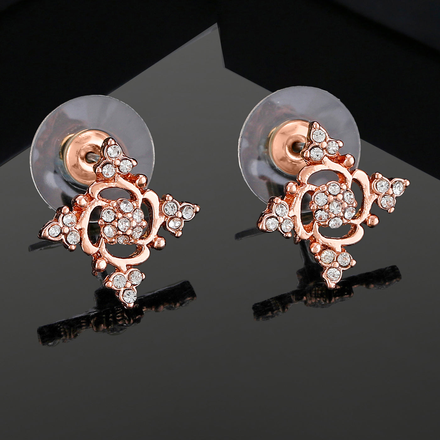 Estele Rose Gold Plated Flower Designer Stud Earrings with Austrian Crystals for Women