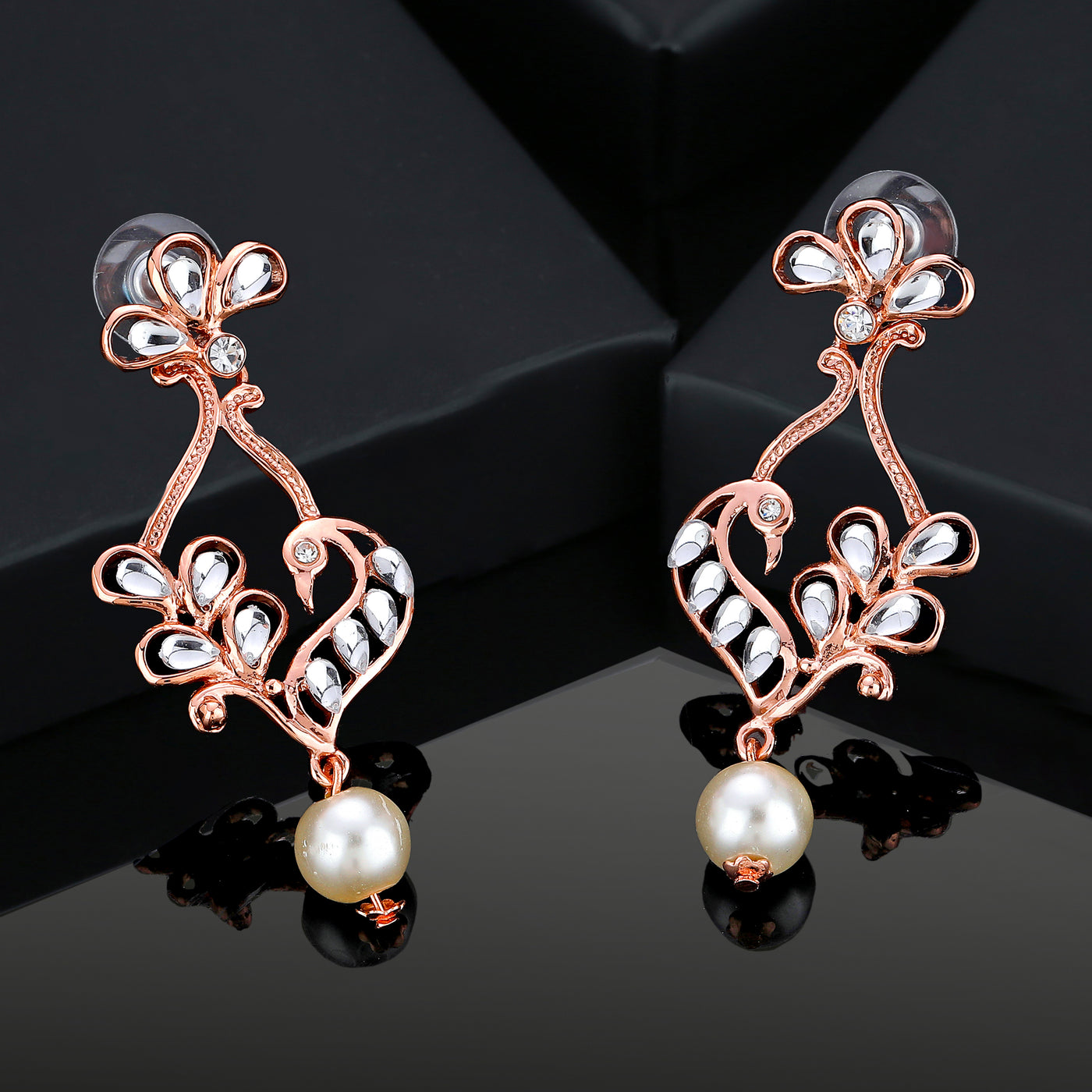 Estele Rose Gold Plated Peacock Designer Drop Earrings for Women