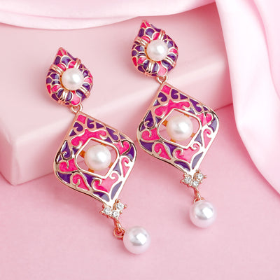Estele Rose Gold Plated Beautiful Drop Earrings with White Pearls for Women