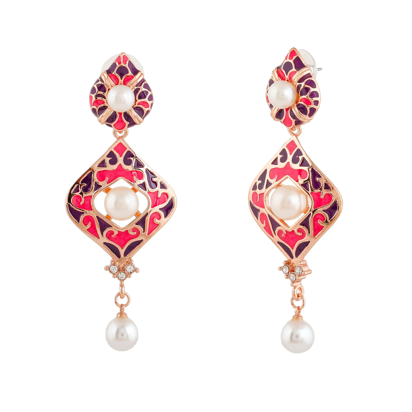 Estele Rose Gold Plated Beautiful Drop Earrings with White Pearls for Women