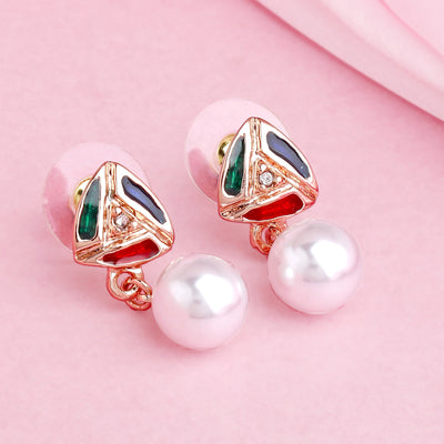 Estele Rose Gold Plated Triangle Shaped Drop Earrings with White Pearls for Women