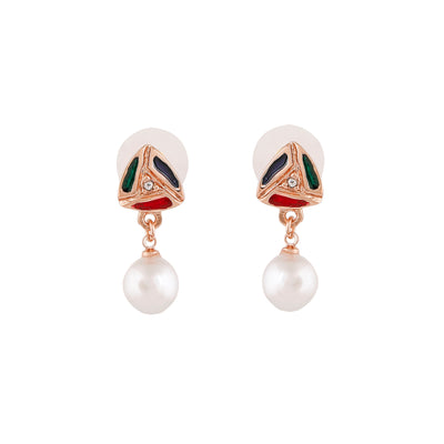 Estele Rose Gold Plated Triangle Shaped Drop Earrings with White Pearls for Women