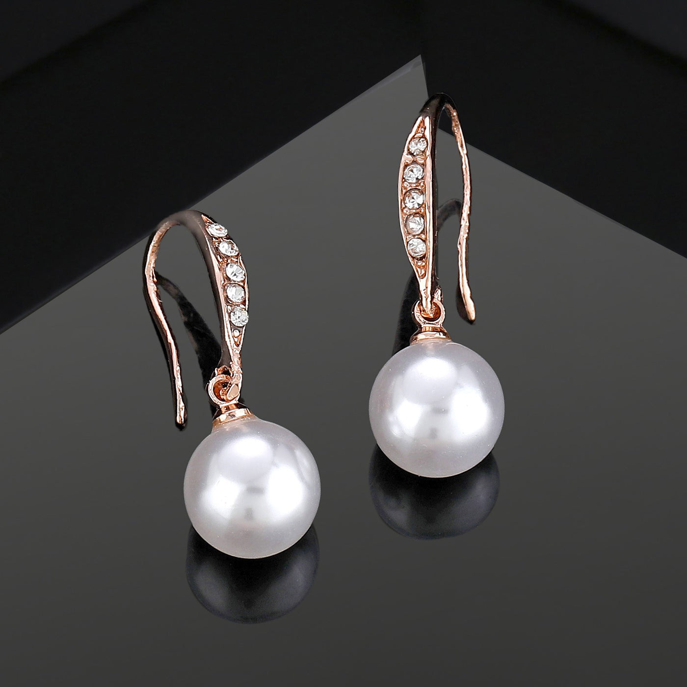 Estele Rose Gold Plated Shining Pearl Drop Earrings with Austrian Crystals for Women