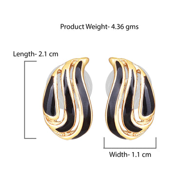 Estele Gold Plated Leaf Shaped Stud Earring with Black Enamel for Women