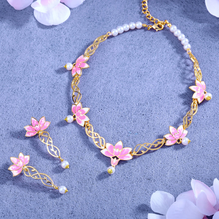 Estele Gold Plated Gorgeous Lotus Designer Pearl Drop Necklace Set with Pink Enamel for Girl's & Women