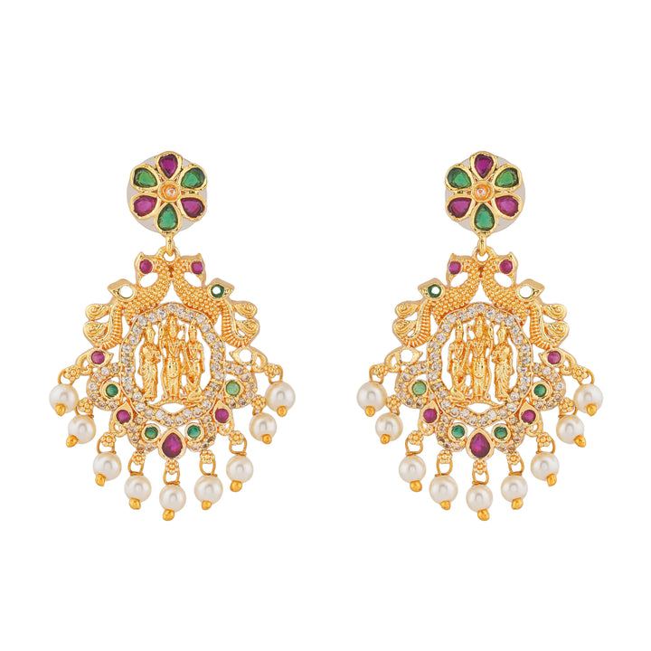 Estele Gold Plated CZ Divine Ram Parivar Designer Bridal Pearls Necklace Set for Women