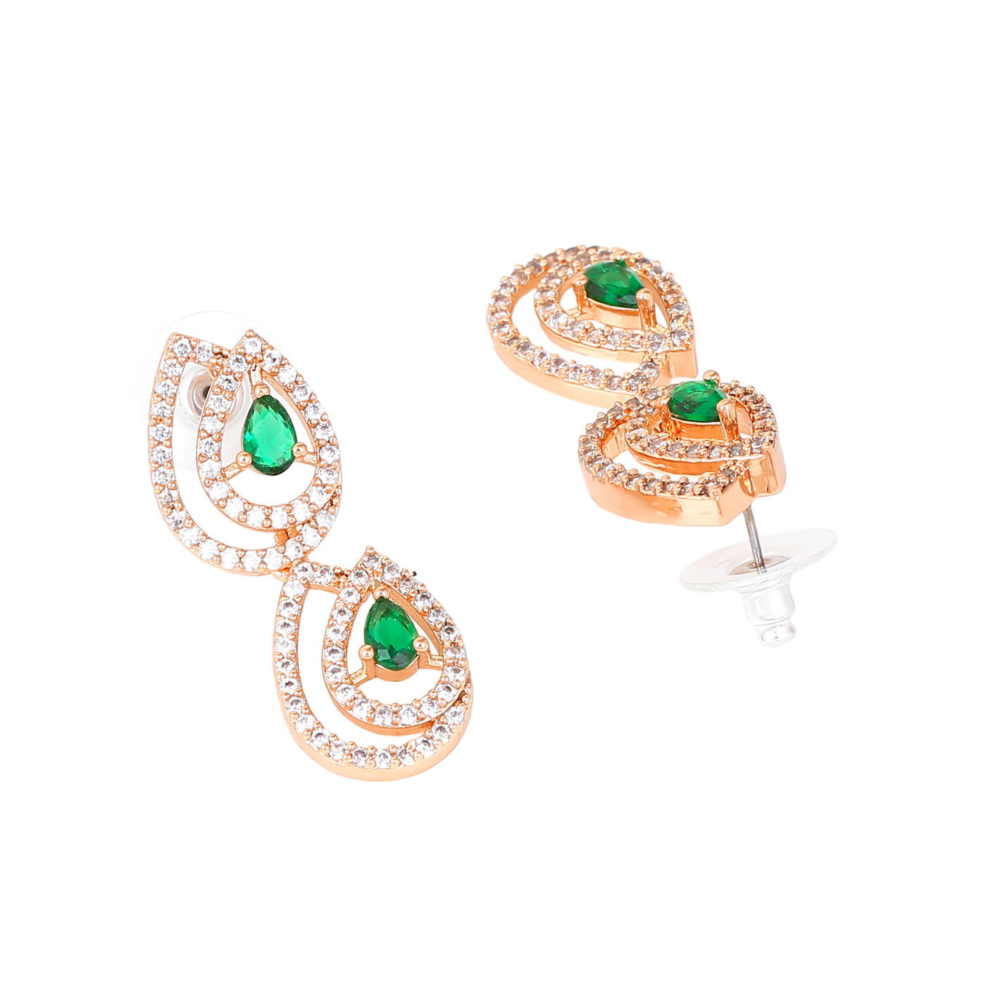 Estele Rose Gold Pated CZ Glossy Drop Designer Necklace Set with Emerald Stones for Women
