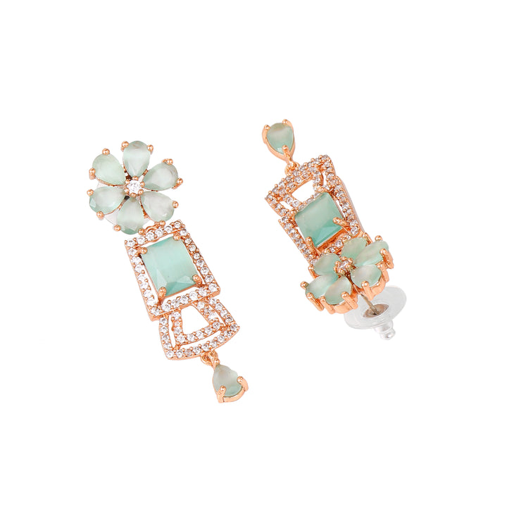 Estele Rose Gold Plated CZ Glimmering Dulhan Necklace Set with Mint Green and White Crystals for Women