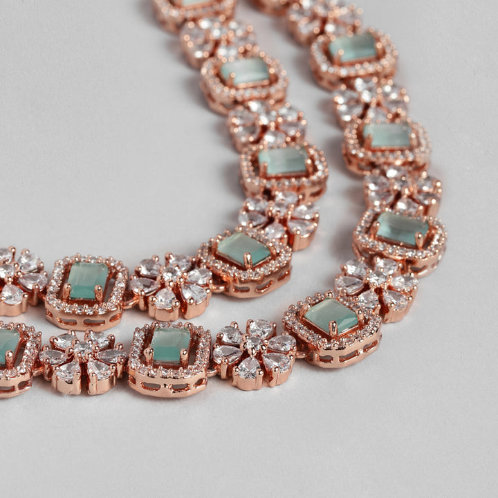 Estele Rose Gold Plated CZ Ravishing Necklace Set with Mint Green Stones for Women