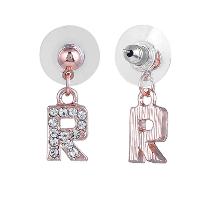 Estele Rose Gold Plated Magnificent Medium 'R' Letter Earrings with Crystals for Women