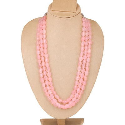 Estele Rhodium Plated Beautiful Designer Three Layered Necklace with Mint Pink Beads for Girls/Women