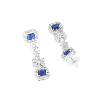 Estele Rhodium Plated CZ Astonishing Double Layered Necklace Set with Blue Stones for Women