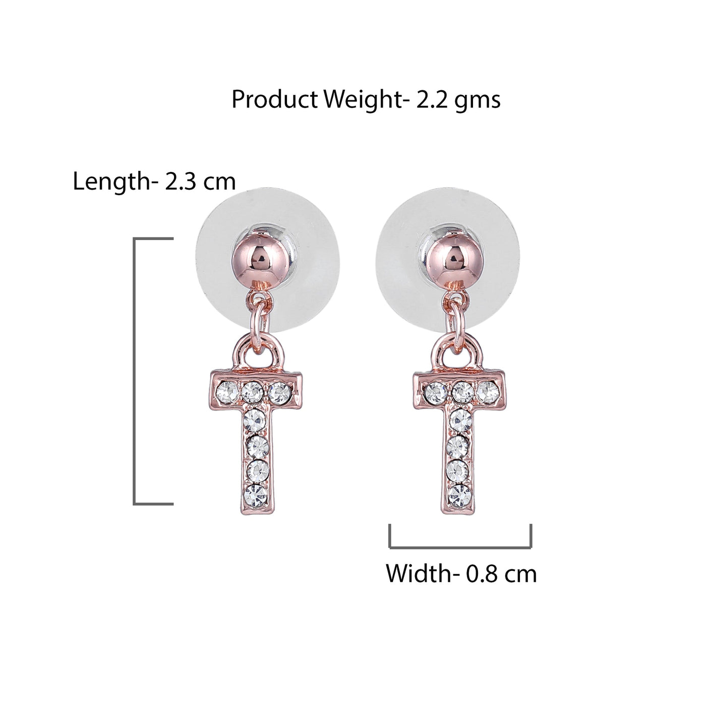 Estele Rose Gold Plated Magnificent Medium 'T' Letter Earrings with Crystals for Women