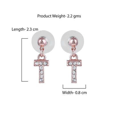 Estele Rose Gold Plated Magnificent Medium 'T' Letter Earrings with Crystals for Women