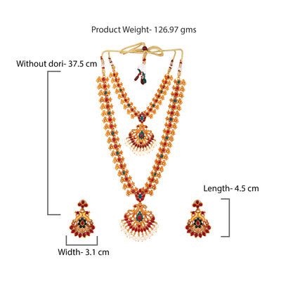 Estele Gold Plated Double line Peacock Nakshi Temple Necklace Set with Colored Stones & Pearls for Women