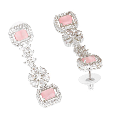 Estele Rhodium Plated CZ Fascinating Double Layered Necklace Set with Mint Pink and White Crystals for Women