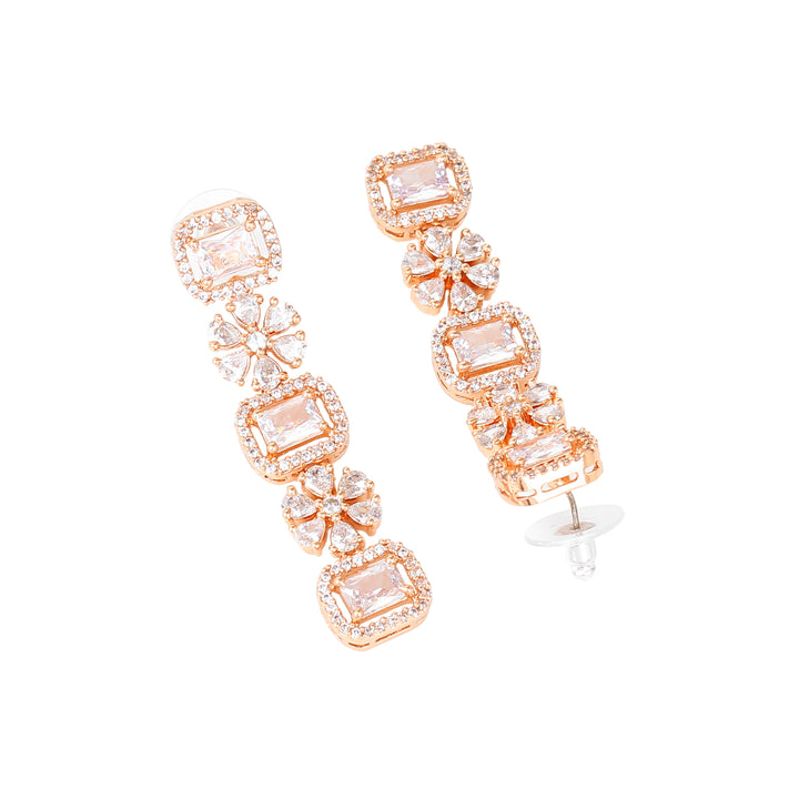 Estele Rose Gold Plated CZ Dazzling Three Layered Dulhan Necklace Set with White Stones for Women