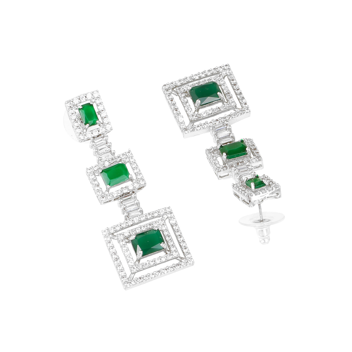 Estele Rhodium Plated CZ Geometric Designer Necklace Set with Emerald Crystals for Women