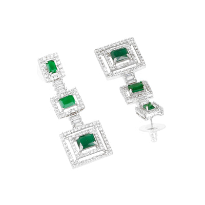 Estele Rhodium Plated CZ Geometric Designer Necklace Set with Emerald Crystals for Women