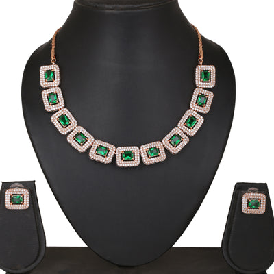 Estele Rose Gold Plated CZ Sparkling Necklace Set with Green Crystals for Women