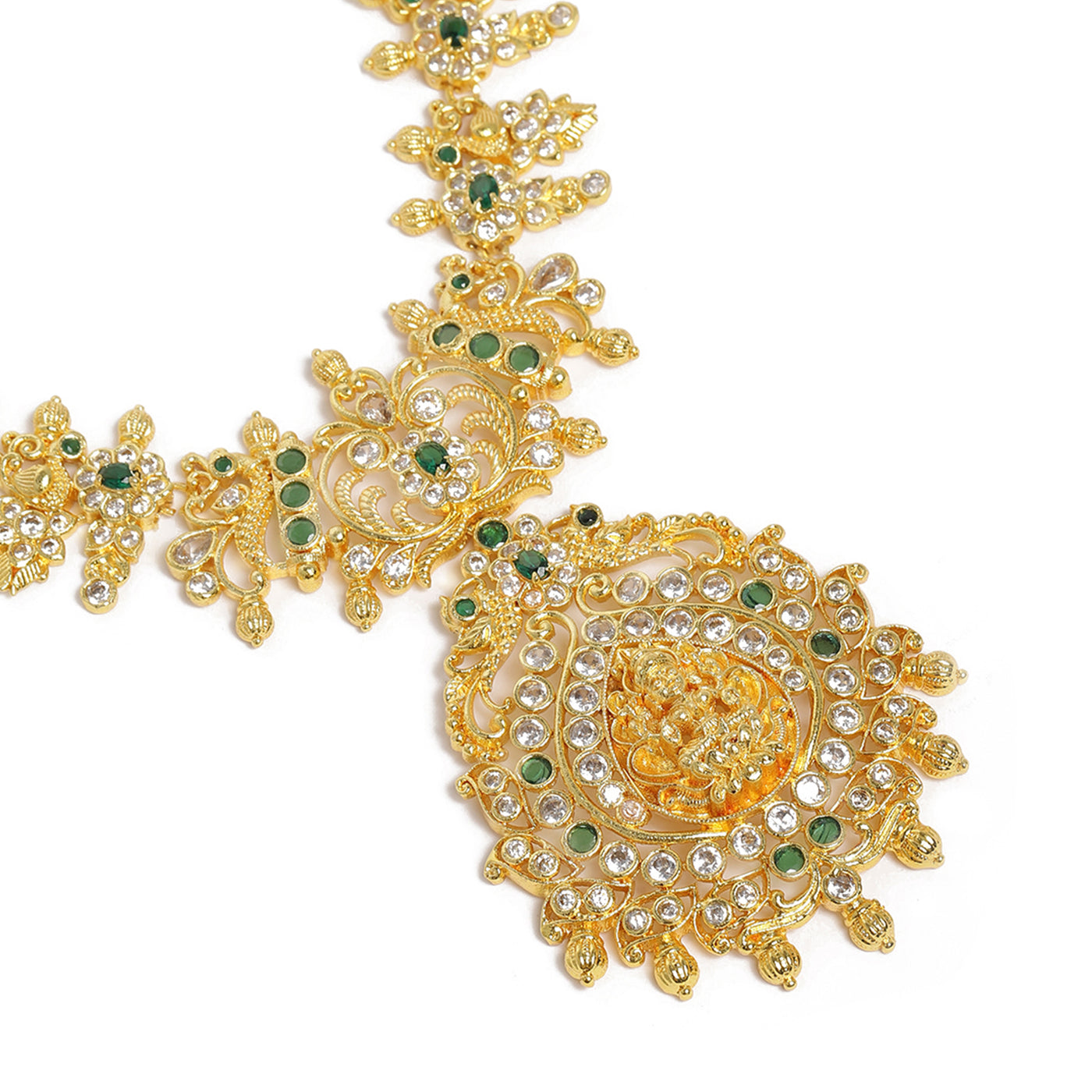 Estele Gold Plated CZ Divinity Laxmi Ji Designer Bridal Short & Long Necklace set with Green Stones for Women