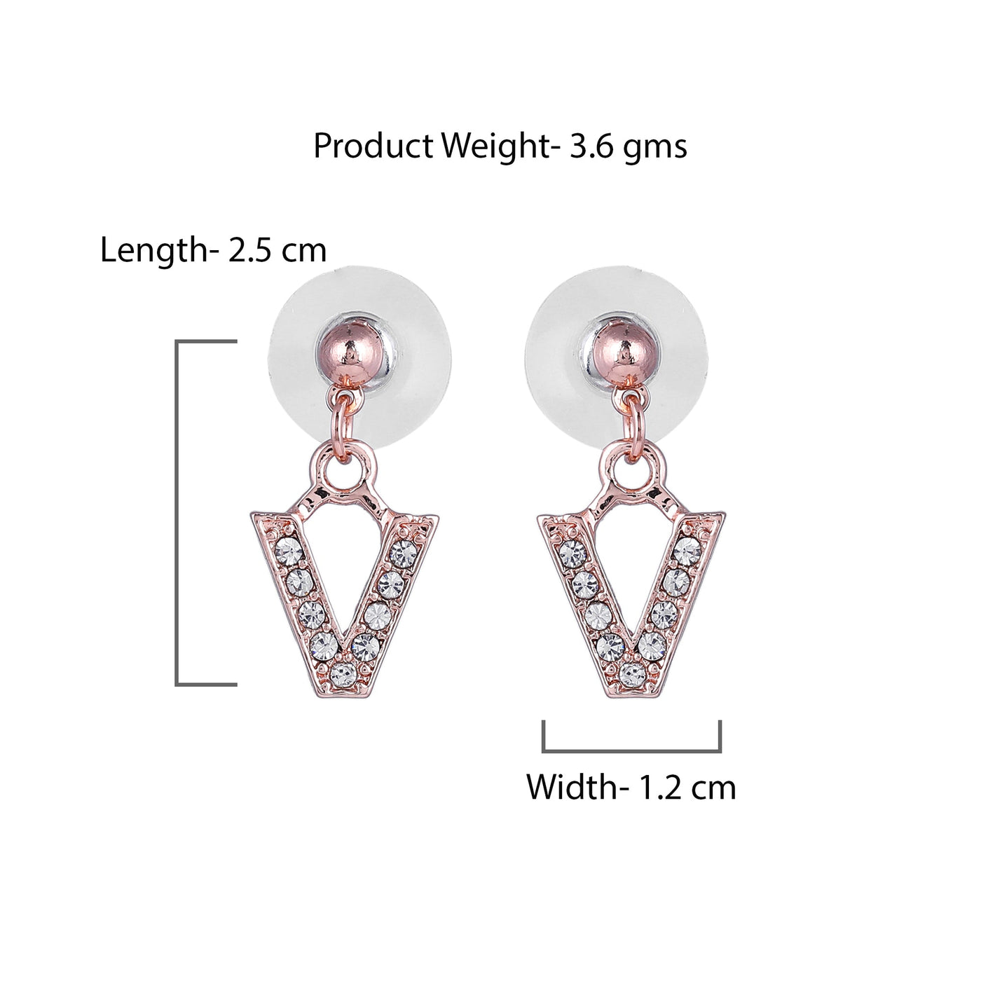 Estele Rose Gold Plated Magnificent Medium 'V' Letter Earrings with Crystals for Women