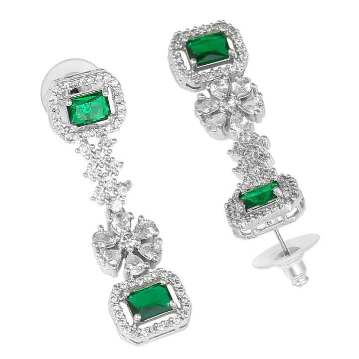Estele Rhodium Plated CZ Dazzling Double Layered Designer Necklace Set with Green & White Crystals for Women