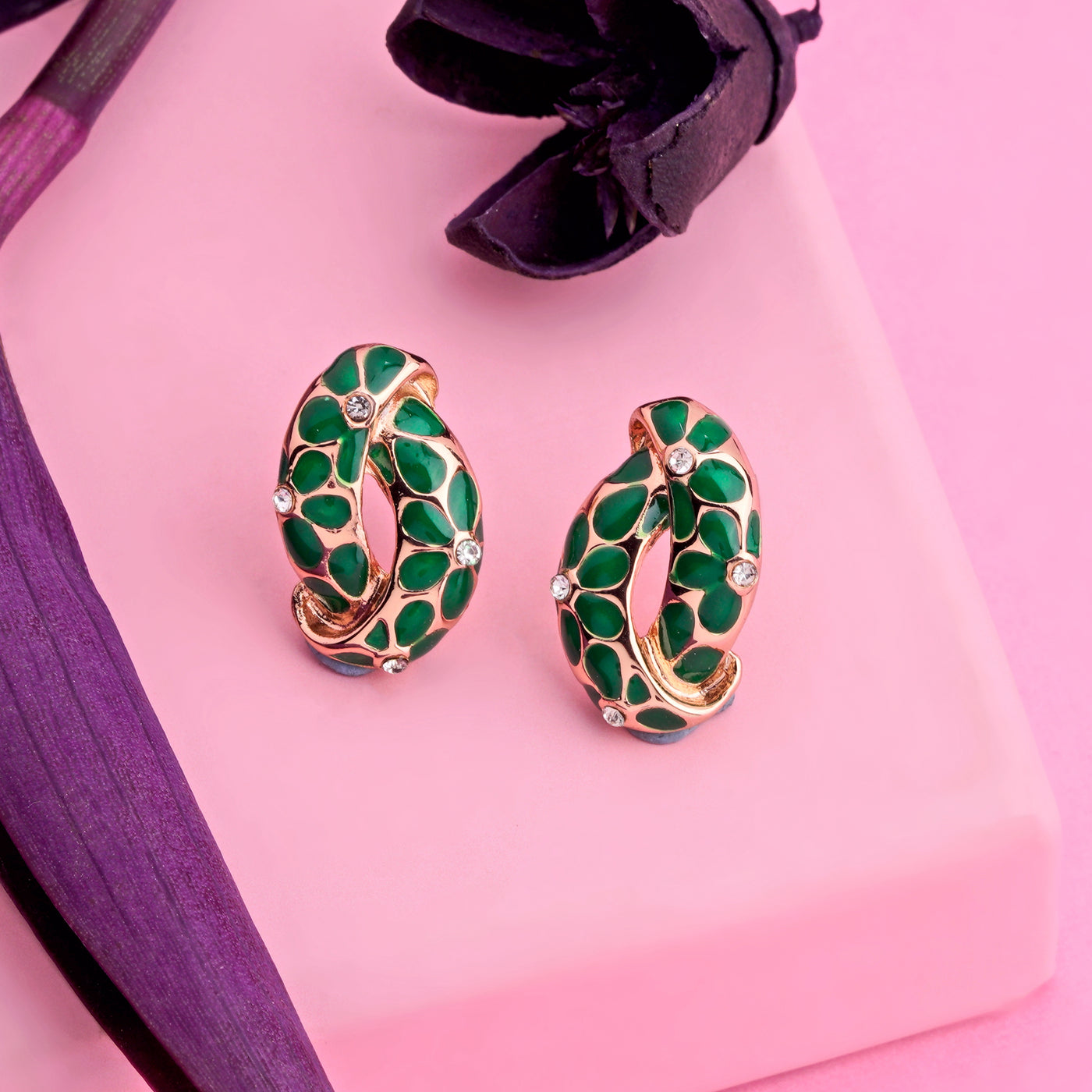 Estele ROSE Gold Plated Earrings With Green Coloured Flower Print For Women