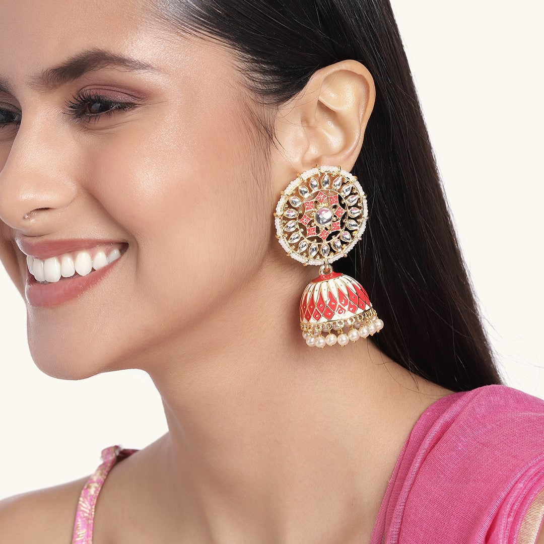 Estele Gold Plated Red Meenakari Traditional Kundan Jhumka Earrings with Pearl for Women