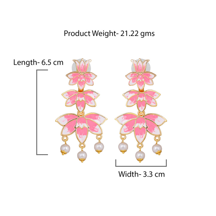 Estele Gold Plated Pink Enamelled Lotus Designer Ravishing Pearl Drop Earrings for Girl's & Women