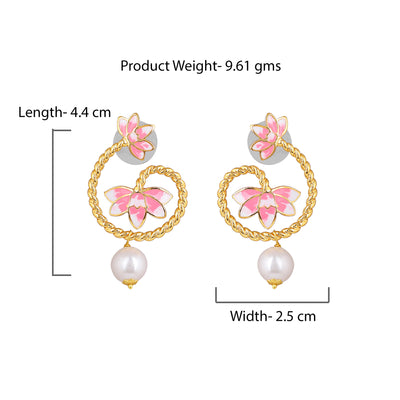 Estele Gold Plated Pink Enamelled Lotus Designer Pearl Drop Earrings for Girl's & Women