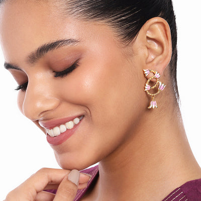 Estele Gold Plated Pink Enamelled Fleur Lotus Designer Drop Earrings for Girl's & Women